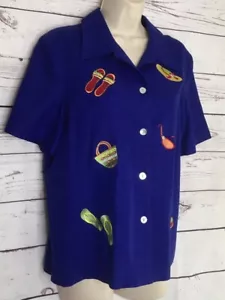 Megan Lee Womens 12P Linen Blend Blouse Royal Blue Embroidered Short Sleeve - Picture 1 of 12