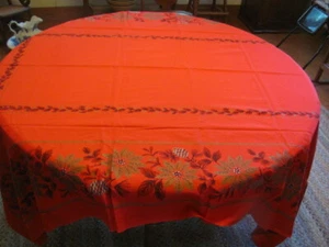 Vintage red gold holiday cotton tablecloth pinecones poinsettias 53 x 82 inches - Picture 1 of 4