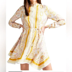 Ted Baker Paulita Handkerchief Shirt Dress Belt Long Sleeves Yellow Size 8 Boho - Picture 1 of 15
