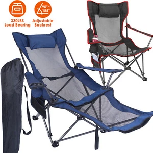 Heavy Duty Camping Chair w/Reclining Backrest Folding Lounge Sit& Lie Down Chair - Picture 1 of 34