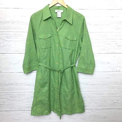 NEW Susan Graver Women's Green Linen Blend Shirt Dress Button Front Belted M - Image 1 of 4