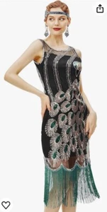 Babeyond Black XL Gatsby Flapper Party Midi Dress Gold Sequins Peacock Green - Picture 1 of 11