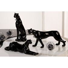 3er Set Skulptur Leopard schwarz mit Halsband silber Keramik Geschenk Deko NEU