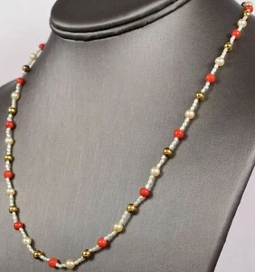 19" VTG Mid-Century Pearls & Red Coral 14K Gold Over Sterling Silver Necklace - Picture 1 of 10