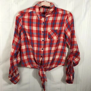 Topshop rot Damengröße: 8 kariert Langarm Knopfleiste vorne zum Binden kurze Bluse - Bild 1 von 6