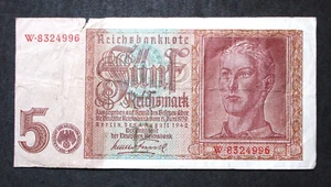 OLD BANKNOTE OF THIRD REICH GERMANY 5 REICHSMARK 1942 WORLD WAR II W*8324996 - Picture 1 of 3