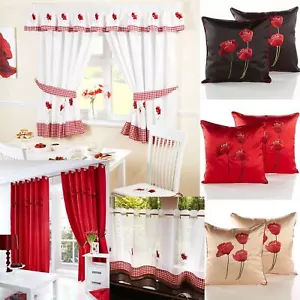 Modern Poppies Embroidery Gingham Border Eyelet or Kitchen Curtain Accessories - Picture 1 of 4