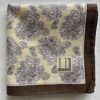 Men Dunhill Handkerchief light Yellow Cotton Brown Paisley VTG Pocket Square 19" - Imagem 1 de 3