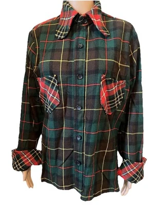 Blusa de lana a cuadros tartán verde/rojo vintage de los años 70 para mujer con bolsillos de cuello ancho en L Foto 1 de 4