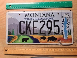 License Plates, Montana, Yellowstone, Lake, Trees, Bear, Bison, Geyser, CKE 295 - Picture 1 of 3
