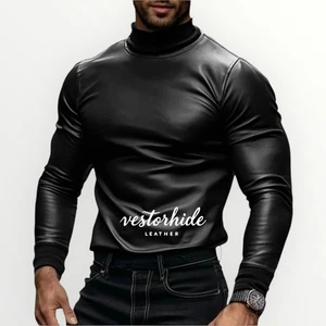 Echt Lammleder Leder schwarz hochgeschlossen Kompressionshemd für Männer Slim Fit Top - Bild 1 von 4