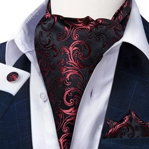 Herren Ascot Rot Paisley Krawatte Einstecktuch Manschettenknöpfe Set Hochzeit Formell - Bild 1 von 6