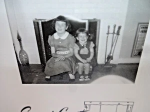 Vintage 1950s Christmas Photo Greeting Card Kids Girls Fireplace Signed - Picture 1 of 4