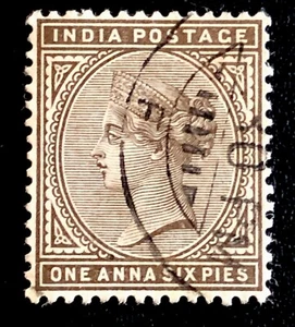 INDIA-1882-1a 6 pies STAMP-ONE ANNA SIX PIES-SEPIA QUEEN VICTORIA- Sg IN 90-USED - Picture 1 of 3