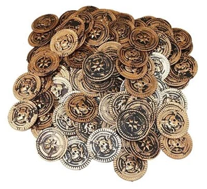 144 PLASTIC RUSTIC VINTAGE BRASS GOLD COINS PIRATE TREASURE CHEST MONEY FAVORS - Picture 1 of 12