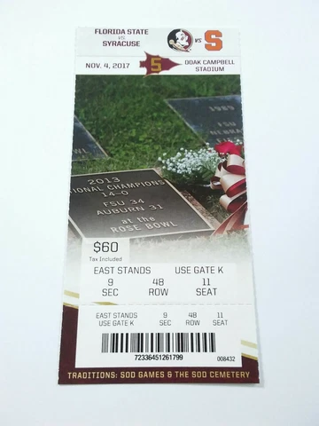 2017 Florida State Seminoles Syracuse Orange Football Full Ticket Stub Cover
