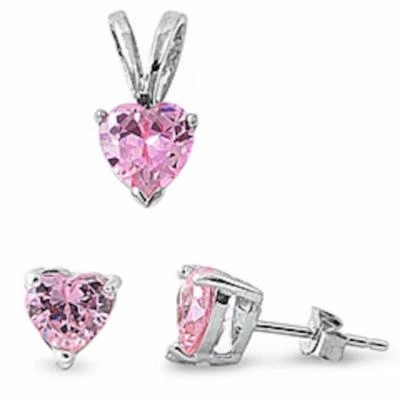 Pink Cz Heart Pendant & Earrings Set .925 Sterling Silver - Image 1 of 2