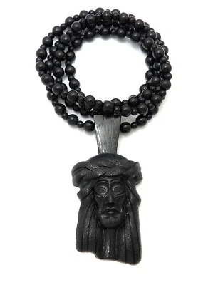 Hip Hop Fashion Black Jesus Head Pendant & 8mm 36" Plastic Bead Chain Necklace - Image 1 of 4
