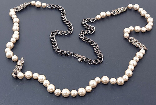 Vintage Givenchy Pearl Brown Chain Rhinestone Long Necklace 40"