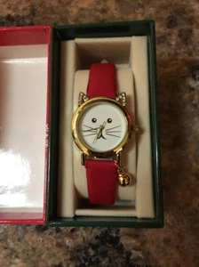 JINGLE KITTY WATCH~Gold Face, Rhinestone Accents, Red Band, Jingle Bell~NIB - Picture 1 of 3