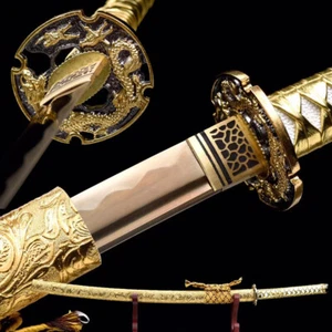 Gold Dragon Phoenix Katana Gold Blade Japanese Samurai Sword Full Tang T10 Steel - Picture 1 of 10