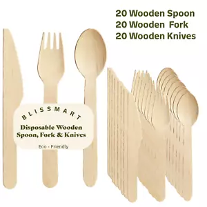 WOODEN CUTLERY SET SPOONS KNIVES FORKS BIODEGRADABLE ECO FRIENDLY NO PLASTIC X60 - Picture 1 of 11