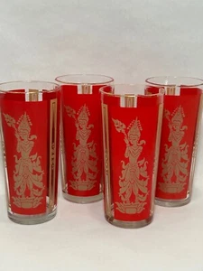 Set of 4 MCM Asian Thai Mandalay Goddess Temple Red Gold Vtg Glasses 6 1/2” - Picture 1 of 9