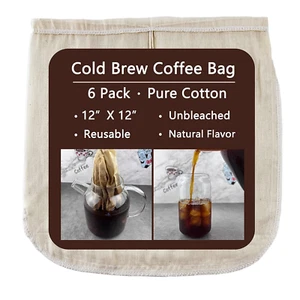 6 Pack - Pure Cotton Reusable Cold Brew Coffee Bag, 12 X 12 Inches, round Corner - Picture 1 of 7