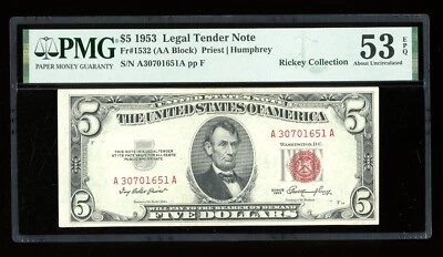 DBR 1953 $5 Legal Tender Fr. 1532 AA Block PMG 53 EPQ Serial A30701651A - Image 1 of 2