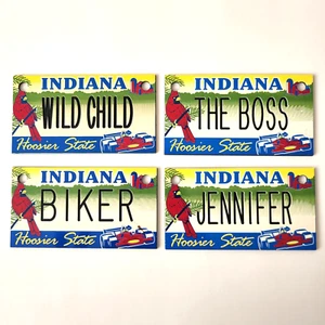 Indiana Fridge Magnets (4) State License Plate Hoosier Cardinal Biker Boss Races - Picture 1 of 7