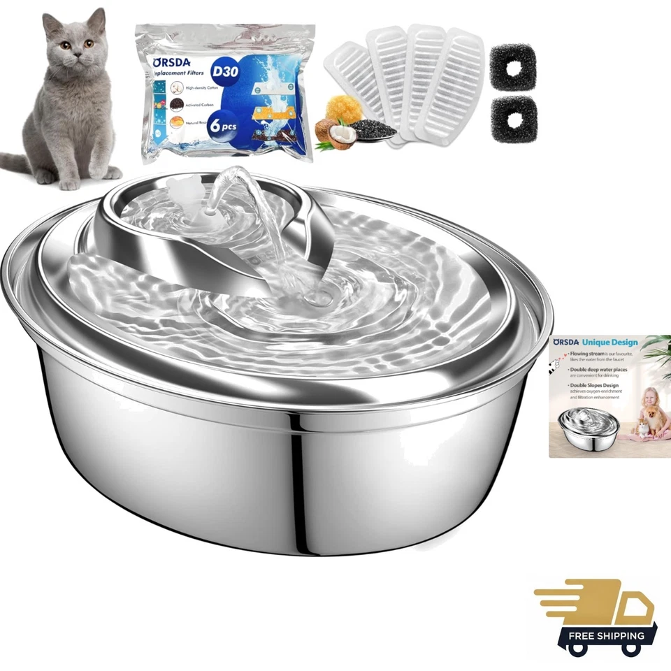 Cat Water Fountain Stainless Steel Pet Dog Dispenser 67oz 6 Replacement Filters