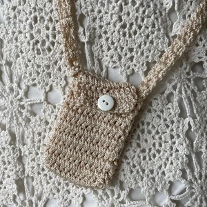 Handmade Ivory Colored Crocheted Tiny Purse Long Handled Opens Button Closure - Picture 1 of 5
