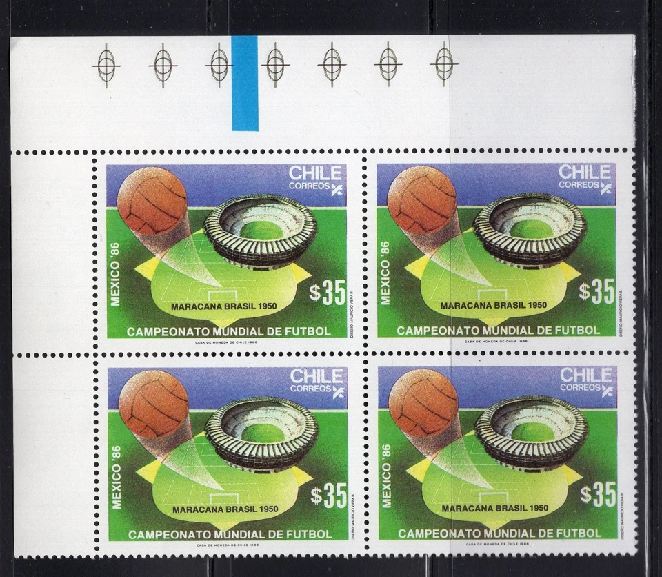 CHILE 1986 Mundial Fútbol Fútbol Fútbol 35p MNH Bloque de 4 Esquinas Hoja Foto 1 de 1