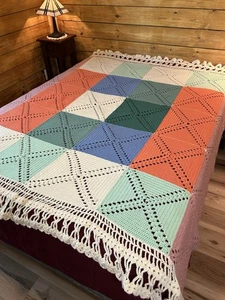 VTG Granny Square Blanket Throw Hand Made Crochet Patchwork Fringes Cottage - Picture 1 of 8