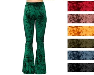 Crushed Velvet Bell Bottom Flare Stretch High Waist Boho Hippie Legging Pants - Picture 1 of 55