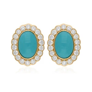 7.47 TCW Turquoise Lab Grown CVD Diamond Oval 14k Yellow Gold Stud Earrings Gift - Picture 1 of 7