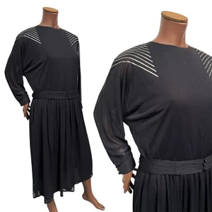 Robe Vintage Années 70 80 12-14 Noir Argent Rayé Midi Disco New Wave Ceinture - Picture 1 of 7
