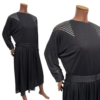 Vestido Vintage Años 70 80 12-14 Negro Plateado Rayas Midi Disco New Wave Cinturón Foto 1 de 4