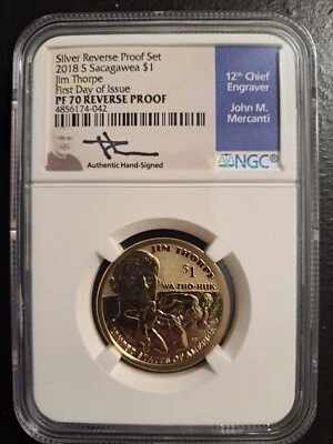 2018 S REVERSE PROOF SACAGAWEA DOLLAR JIM THORPE FDI NGC PF70 MERCANTI SIGNED  - Image 1 of 4
