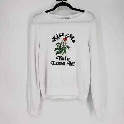 Suéter Wildfox Talla XS Kiss Me Yule Love It Blanco Suave Jumper Muérdago Suelto NUEVO Foto 1 de 4