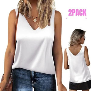 2pack Tanktop Damen Tanktops für Frauen V-Ausschnitt Seide Sommer Satin Basic - Bild 1 von 9