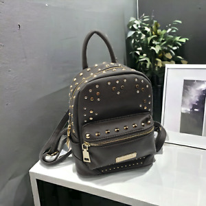Bebe Small Mini Brown Backpack Handbag Crossover Gold Studded Rhinestones Zipper