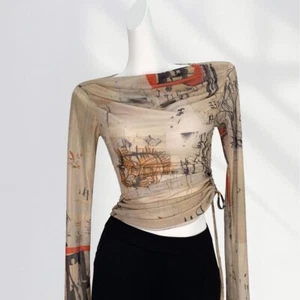 90s Y2K One Shoulder Tie Dye Sheer Mesh Top, Asymmetrical One Sleeve Top UK 6-10 - Picture 1 of 5
