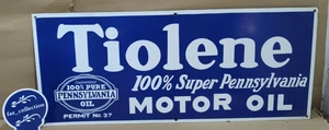 Tiolene Motor Oil Porcelain Enamel Sign 36 x 15 Inches 1 Sided - Picture 1 of 6