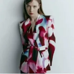 ZARA WOMAN LAPELLESS TIED BELT JACKET PRINTED SATIN BLAZER SIZE 8264/157/330 - Picture 1 of 5