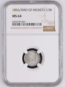 1856/5 Mo GF Mexico 1/2 Real Silver Cap and Rays - NGC MS64 - Picture 1 of 2