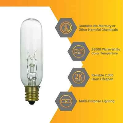 12) *New* Tubular Light Bulbs, T6. Clear Tube Bulb, 15 Watts, 2600K, 80LM, E12. - Image 1 of 4