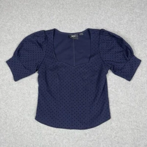 Maeve By Anthropologie Top Womens XS Navy Blue Polka Dot Puff Sleeve Sweetheart - Picture 1 of 9