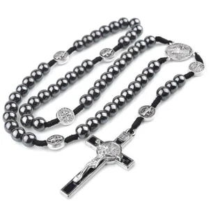 Saint St Benedict Medal Hematite Rosary – 15" Length – 8mm Black Prayer Beads - Picture 1 of 6