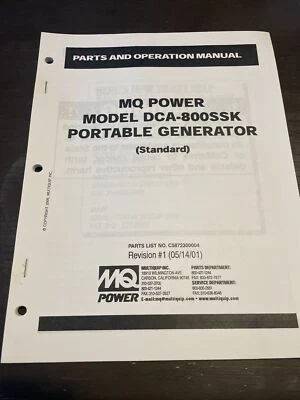 MQ Power DCA-800SSK Multiquip Generator Operation Book Parts Manual Service Shop - Image 1 of 4